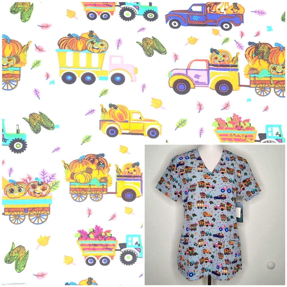 NWT GT Performance Sz M Blue Scrub Top Halloween Pumpkin Patch Harvest Fest Fall